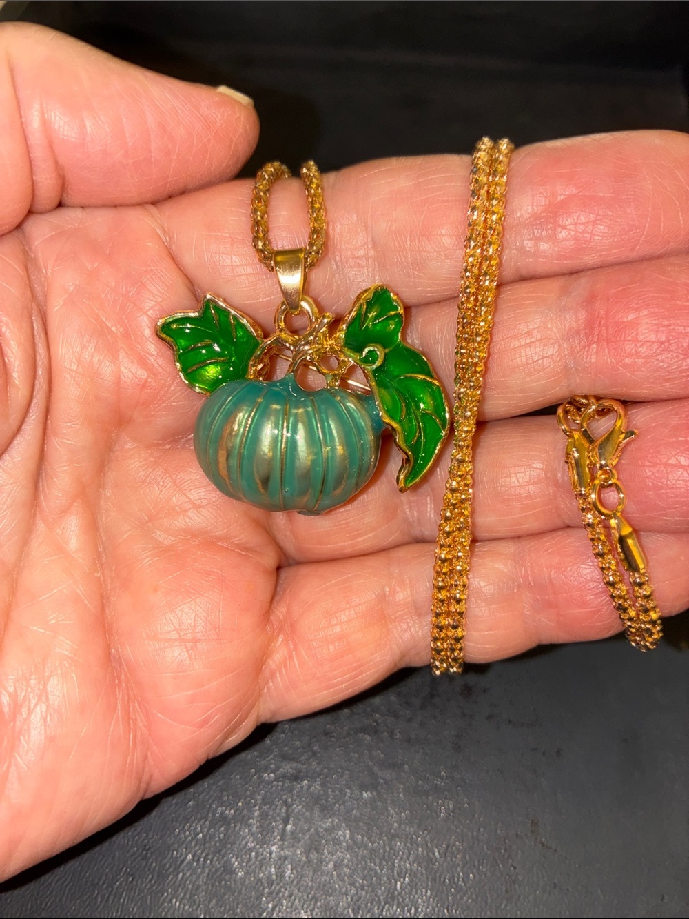 Green Enamel Pumpkin Pendant Necklace and Brooch Together In One